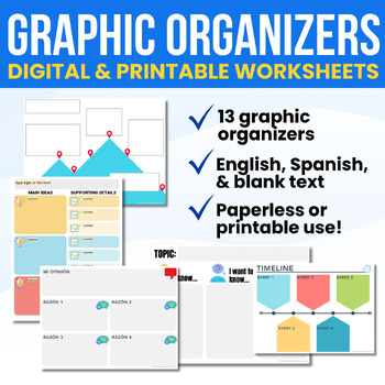 Preview of 13 Graphic Organizers: Digital + Printable versions in Spanish, English, & blank