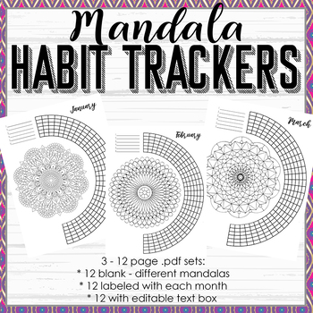 Preview of 13 Month Mandala Habit Tracker - with & without month names, editable text boxes