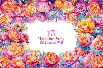 Preview of 13 Multicolor Peony Flower Bouquet Sublimation PNG Mother's Day Clipart