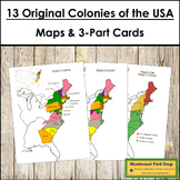 13 Original Colonies of the USA Maps, 3-Part Cards & Information Cards