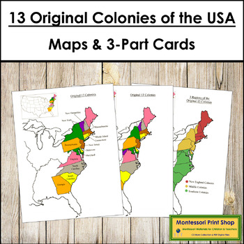 Preview of 13 Original Colonies of the United States Maps, 3-Part Cards & Information