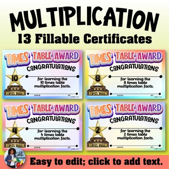 Preview of Multiplication Certificates 2  {Fillable}