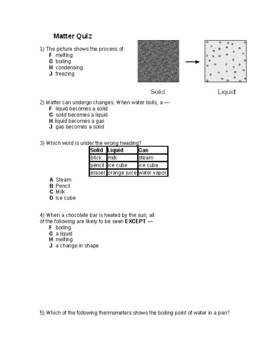 Preview of 13 Question Science: Matter Quiz with Teacher ANSWER KEY