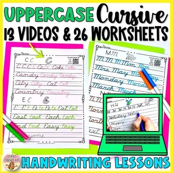 Preview of 13 UPPERCASE Cursive Handwriting Video Lessons with Worksheets & Extra Practice