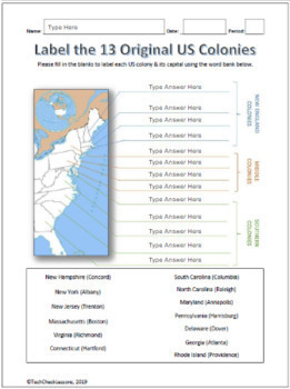 13 Us Colonies Their Capitals Labeling Worksheet Map For Google Slides