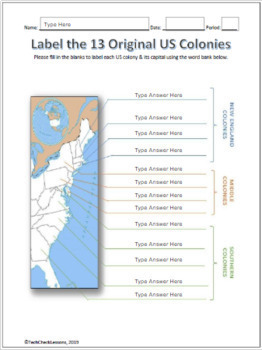 13 Us Colonies Their Capitals Labeling Worksheet Map For Google Slides