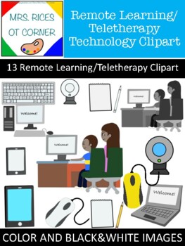 Preview of 13 Virtual and Remote Learning / Teletherapy Clipart - color and black and white