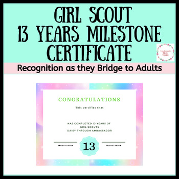 Girl Scout Ambassador 13 Years Milestone Certificate Colorful Pastel Border