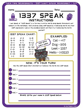 Preview of 1337 (Leet) Speak Worksheet