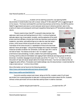 Preview of 13th Documentary Netflix Permission Slip & Viewing Questions/Notes Handout