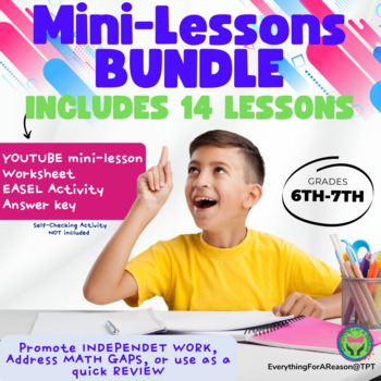 Preview of 14 Easy Mini-lessons Math 6th and 7th + Worksheet PDF+ EASEL