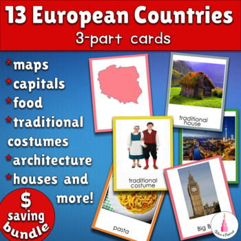 Preview of 13 European Countries Montessori 3-part Cards Bundle
