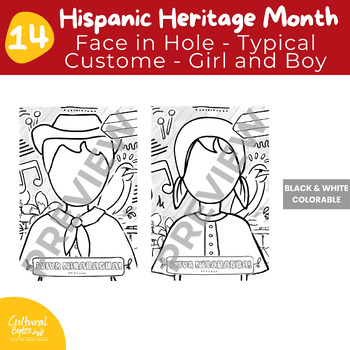 Preview of 14 Face in Hole Colorable - Boy and Girl - Typical Costume - Hispanic Countries