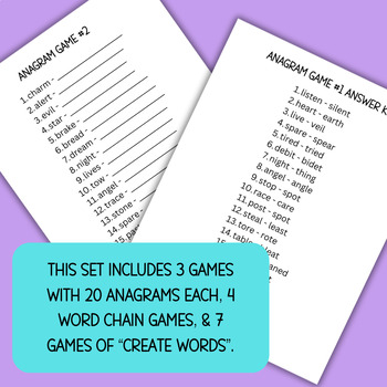 Preview of 14 Games: Anagrams, Word Chains, & Create a Word - With Examples & Instructions