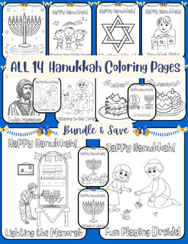 Preview of 14 Happy Hanukkah Coloring Sheet BUNDLE FUN Printable Pages Dreidel Menorah CUTE