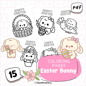 Preview of 15 Coloring Pages, Cute Bunny Easter and Eggs, Ready to Print