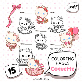 Preview of 15 Coloring Pages, Cute Cat Coquette, Ready to Print