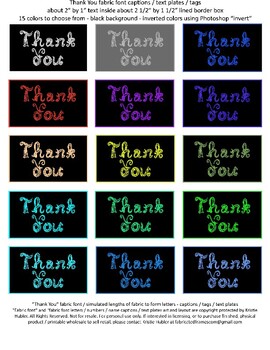 Preview of 15 Colors Thank You Captions Fabric Font Black Background Printable Sheet