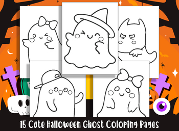 Preview of 15 Cute Halloween Ghost Coloring Pages, Perfect for Preschool and Kindergarten