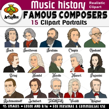 Preview of 15 Famous Composers Clipart Bundle in color and B&W in realistic style