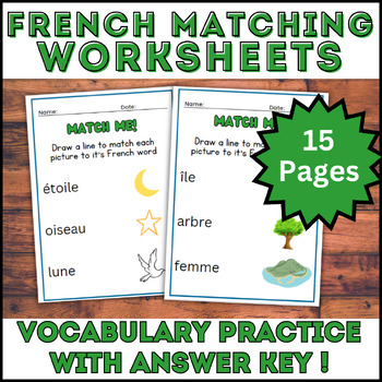 Preview of 15 French Language Vocabulary Worksheets - Matching Words to Pictures Set 1