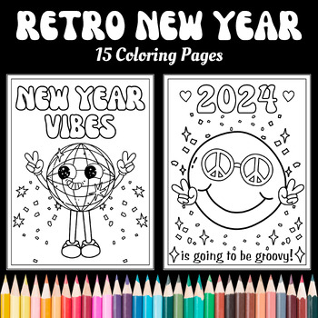 Preview of 15 Groovy Retro New Year Coloring Pages