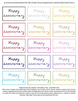 Preview of 15 Happy Anniversary Caption Tags Fabric Font Printable Sheet Jewel Tone Colors