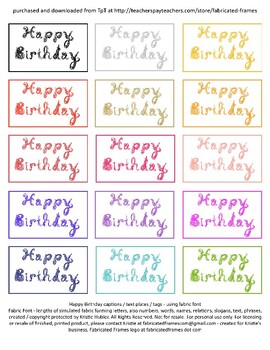 Preview of 15 Happy Birthday Caption Tags For Cards Fabric Font Printable Bright Colors