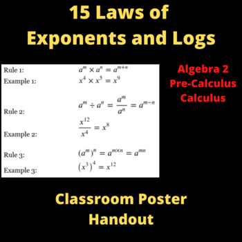 Preview of 15 Laws of Exponents and Logs - Classroom Poster or Handout