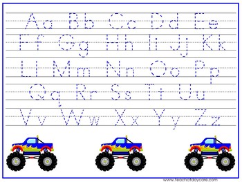 15 Monster Truck Themed Alphabet, Numbers, and Shapes Tracing Worksheets.