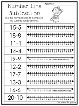 15 Number Line Subtraction Printable Worksheets. PreK-1st Grade Math.