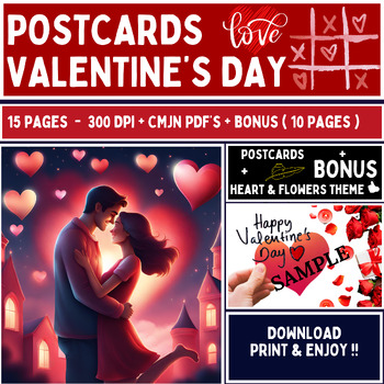Preview of 15 Postcards of Happy Valentine's Day - Hearts & Flowers Theme - 300 Dpi + Bonus