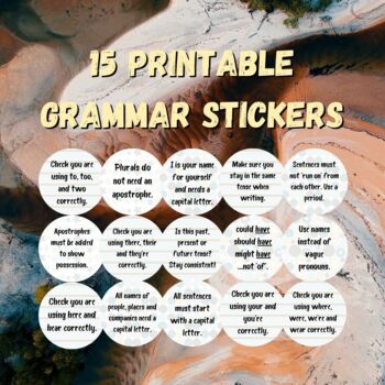 Preview of 15 Printable Grammar Stickers | Prompt Improvements | Frosted Pastel Theme