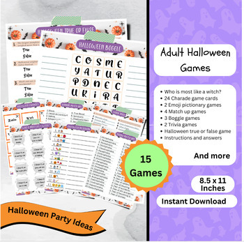 Preview of 15 Printable Halloween Games & Trivia Sheets for Adults
