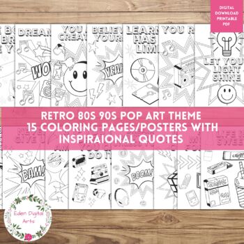 Preview of 15 Retro 90s Pop Art Growth Mindset Quotes Coloring Pages Positive Class Posters