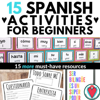 Preview of 15 Spanish 1 Activities - Worksheets, Games, Word Wall, Lesson, Sub Plans Bundle