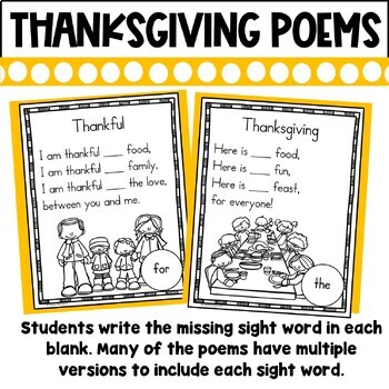 15 Thanksgiving Sight Word Poems | Fill In The Missing Sight Word Version