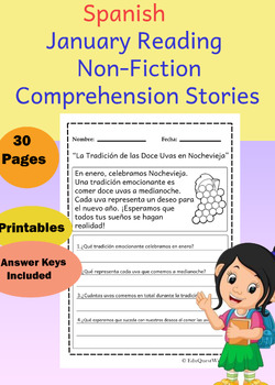 Preview of 15 Winter Spanish January Nonfiction Reading Comprehension Stories Questions
