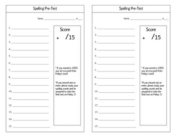 15 Word Spelling Pre-Test, Final test, and Dictation Page by MrsVogel5