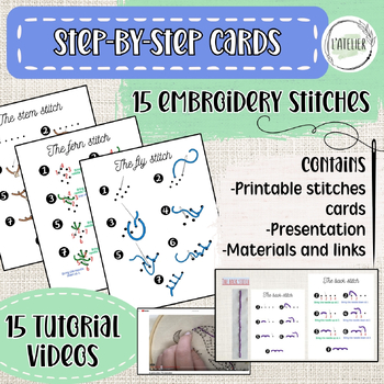 Preview of 15 embroidery stitches step-by-step cards/ Video tutorials/ Art Printables