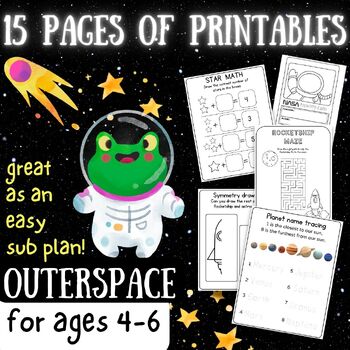 Preview of 15 pages of space themed printables: astronaut portrait, star math and more...