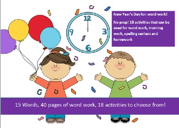 Preview of 15 words related to the New Year - 20 activities of NO PREP word work - 40 pages