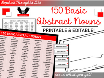 Preview of 150 Basic Abstract Nouns List and Graphic Organizer