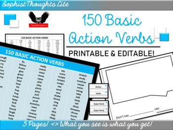 Preview of 150 Basic Action Verbs List and Graphic Organizer