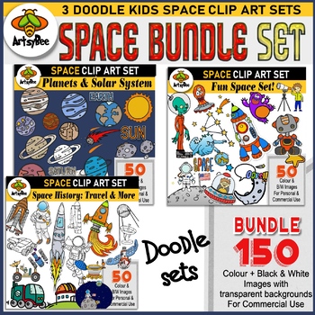 Preview of 150 Clip art image Space bundle with history, planets, space craft, fun doodle