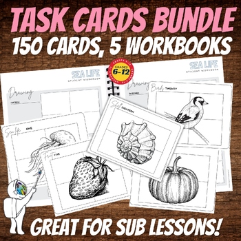 Preview of 150 Drawing Task Cards & 5 Workbooks Bundle - 30 Weeks Middle, High School Art