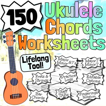 Preview of 150 Ukulele Chords Worksheets | Tests Quizzes Homework Sub Work And More