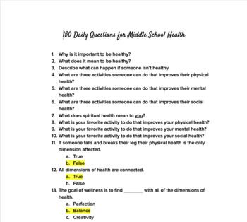 Preview of 150 Warm Up Questions for Middle School Health