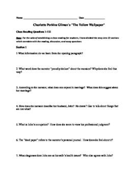 Charlotte Perkins Gilman The Yellow Wallpaper Questions by Electric  English