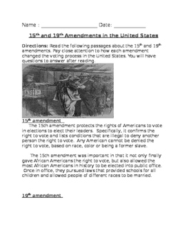 Preview of 15th and 19th amendment reading passages and comprehension questions